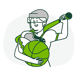 Cartoon of person holding a variety of sports equipment